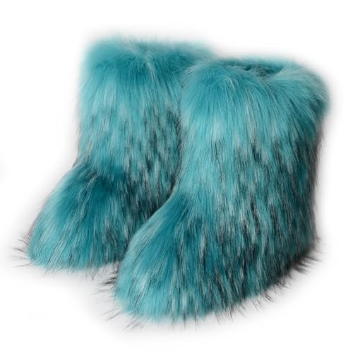 Damen Süß Fluffy Stiefel Warm Gefüttert Freezies Winter Schneestiefel Faux Raccoon Fell Schuhe Fellry Feet Paws Rave Custome Festival Schuhe Fuzzy Leg Warm Gefütterter Moon Stiefel Green Size 36 von Roimaash