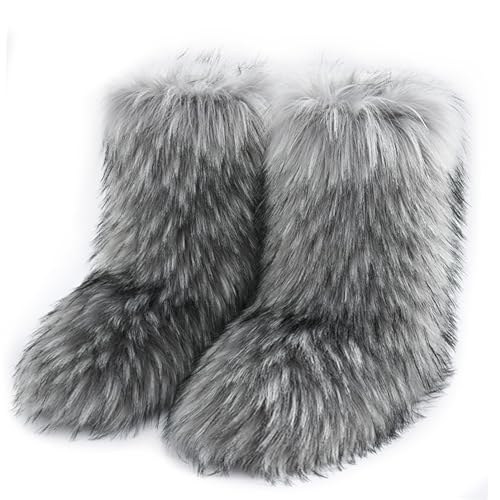 Damen Süß Fluffy Stiefel Warm Gefüttert Freezies Winter Schneestiefel Faux Raccoon Fell Schuhe Fellry Feet Paws Rave Custome Festival Schuhe Fuzzy Leg Warm Gefütterter Moon Stiefel Light-Grey Size 44 von Roimaash