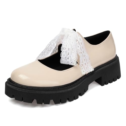 Roimaash Brogue and Loafers Thick Sole für Damen Lolita Schuhe Low Heel with Spitze Decoration Mary Janes Cosplay Uiform Schuhe Lack Beige Size 43 von Roimaash