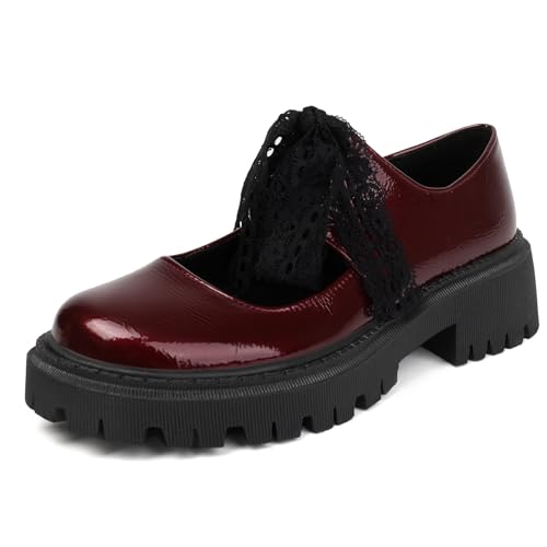 Roimaash Brogue and Loafers Thick Sole für Damen Lolita Schuhe Low Heel with Spitze Decoration Mary Janes Cosplay Uiform Schuhe Lack Burgundy Size 43 von Roimaash