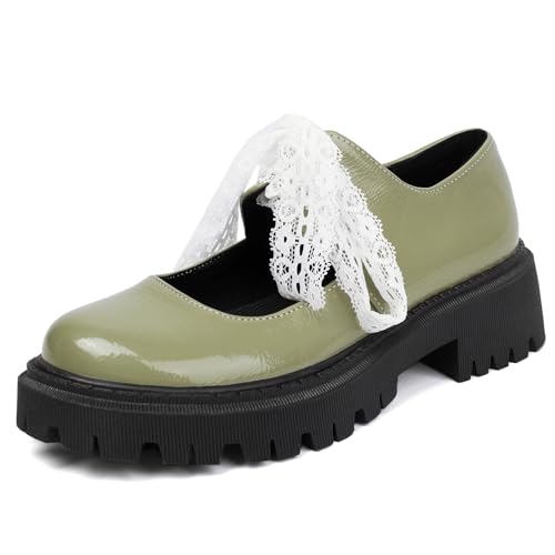 Roimaash Brogue and Loafers Thick Sole für Damen Lolita Schuhe Low Heel with Spitze Decoration Mary Janes Cosplay Uiform Schuhe Lack Green Size 35 von Roimaash