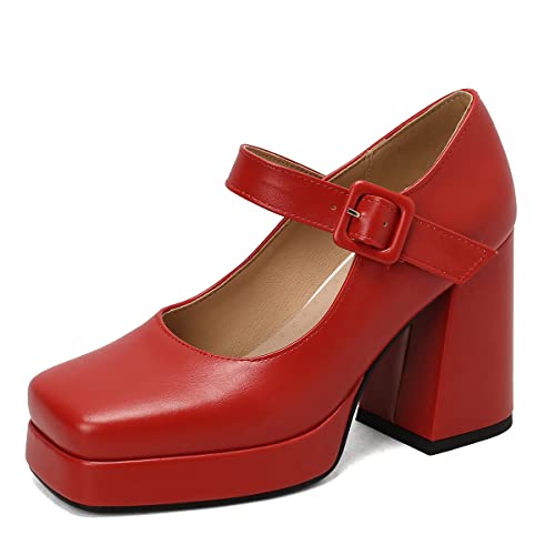 Roimaash Damen Klassischer Plateau Pumps Square Toe Blockabsatz Mary Janes Schuhe Retro Dress Schuhe with Schnalle Gemütlich Heels Red Plus Size 40 von Roimaash