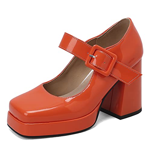 Roimaash Damen Klassischer Plateau Pumps Square Toe Blockabsatz Mary Janes Schuhe Retro Schuhe with Schnalle Gemütlich Heels Lack Orange Plus Size 37 von Roimaash