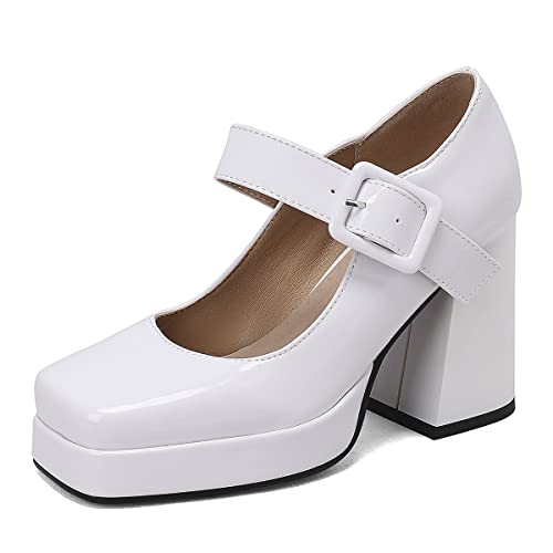 Roimaash Damen Klassischer Plateau Pumps Square Toe Blockabsatz Mary Janes Schuhe Retro Schuhe with Schnalle Gemütlich Heels Lack White Plus Size 46 von Roimaash