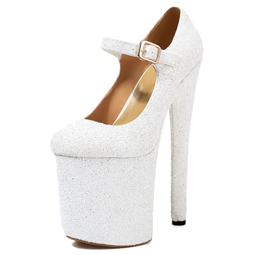 Roimaash Damen Pole Dance Heels Stiletto Hohe Ferse Mary Jane Pumps Plateau 8 Inch Exotic Dancer ScHohe Peep Toe Abend Party Heels Dressy Glitzer White Size 37 von Roimaash