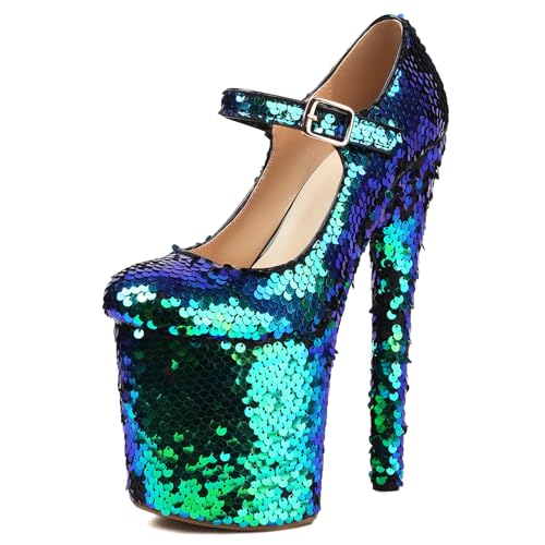 Roimaash Damen Pole Dance Heels Stiletto Hohe Ferse Mary Jane Pumps Plateau 8 Inch Exotic Dancer ScHohe Peep Toe Abend Party Heels Dressy Sequins Green Size 43 von Roimaash