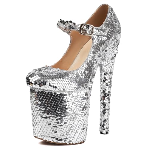 Roimaash Damen Pole Dance Heels Stiletto Hohe Ferse Mary Jane Pumps Plateau 8 Inch Exotic Dancer ScHohe Peep Toe Abend Party Heels Dressy Sequins Silver Size 34 von Roimaash