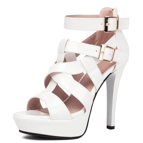 Roimaash Damen Pole Dance Heels Stiletto Hohe Ferse Sommer Bootie Gladiator Sandalen Plateau 5 Inch Exotic Dancer ScHohe Peep Toe Criss Cross Lack White Size 38 von Roimaash