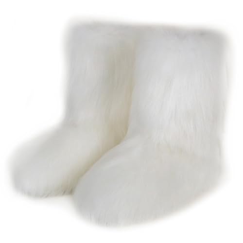 Roimaash Damen Süß Fluffy Stiefel Warm Gefüttert Freezies Winter Schneestiefel Faux Fox Fell Schuhe Fellry Feet Paws Rave Custome Festival Schuhe Fuzzy Leg Warm Gefütterter Moon Stiefel White Size 43 von Roimaash