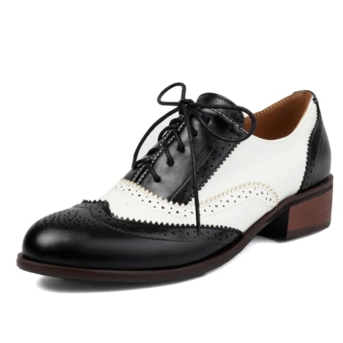 Roimaash Damens Brogues and Oxfords Unisex Schuhe Low Heel Wingtip Two Tone Saddle Schuhe Schnüren Leisure British Style Arbeit Schuhe Black Plus Size 37 von Roimaash