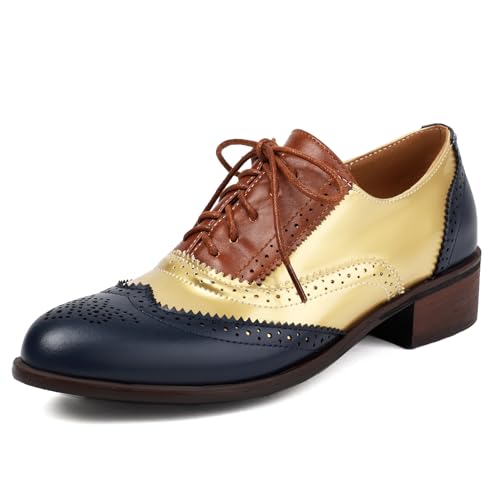 Roimaash Damens Brogues and Oxfords Unisex Schuhe Low Heel Wingtip Two Tone Saddle Schuhe Schnüren Leisure British Style Arbeit Schuhe Gold Plus Size 38 von Roimaash