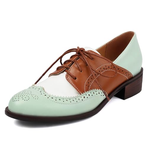 Roimaash Damens Brogues and Oxfords Unisex Schuhe Low Heel Wingtip Two Tone Saddle Schuhe Schnüren Leisure British Style Arbeit Schuhe Green Plus Size 46 von Roimaash