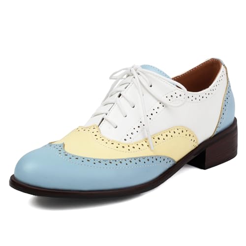 Roimaash Damens Brogues and Oxfords Unisex Schuhe Low Heel Wingtip Two Tone Saddle Schuhe Schnüren Leisure British Style Arbeit Schuhe Light Blue Plus Size 42 von Roimaash