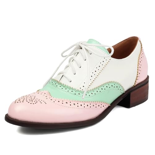 Roimaash Damens Brogues and Oxfords Unisex Schuhe Low Heel Wingtip Two Tone Saddle Schuhe Schnüren Leisure British Style Arbeit Schuhe Pink Plus Size 36 von Roimaash