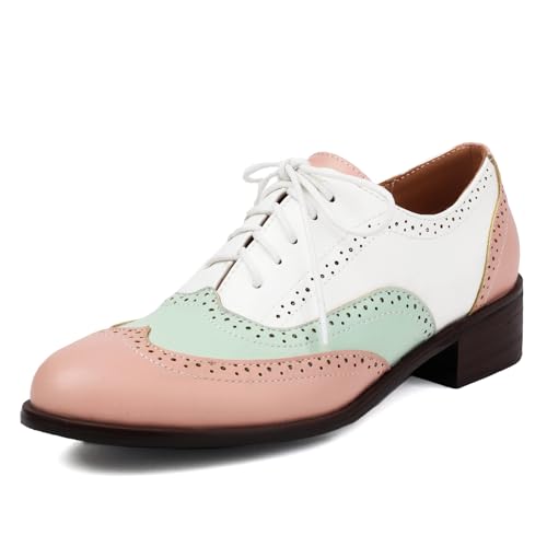 Roimaash Damens Brogues and Oxfords Unisex Schuhe Low Heel Wingtip Two Tone Saddle Schuhe Schnüren Leisure British Style Arbeit Schuhe Pink Plus Size 38 von Roimaash