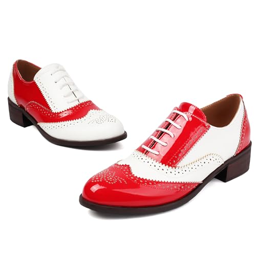 Roimaash Damens Brogues and Oxfords Unisex Schuhe Low Heel Wingtip Two Tone Saddle Schuhe Schnüren Leisure British Style Arbeit Schuhe Red Plus Size 47 von Roimaash