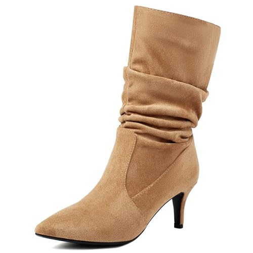 Roimaash Elegant Dressy Slouch Stiefel Kitten Heel Pull on Mid Stiefel Wide Calf Pointed Toe Fall Stiefel Party Heels Pleated Niedrige Stiefel Leder Apricot Plus Size 44 von Roimaash