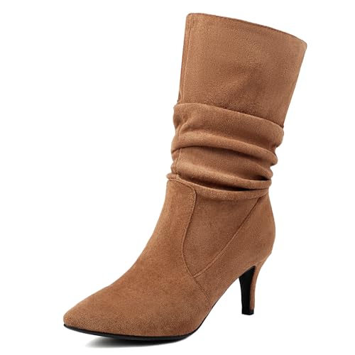 Roimaash Elegant Dressy Slouch Stiefel Kitten Heel Pull on Mid Stiefel Wide Calf Pointed Toe Fall Stiefel Party Heels Pleated Niedrige Stiefel Leder Brown Plus Size 36 von Roimaash