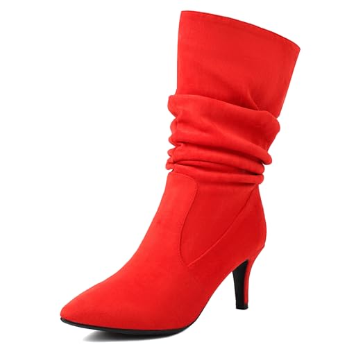 Roimaash Elegant Dressy Slouch Stiefel Kitten Heel Pull on Mid Stiefel Wide Calf Pointed Toe Fall Stiefel Party Heels Pleated Niedrige Stiefel Leder Red Plus Size 41 von Roimaash