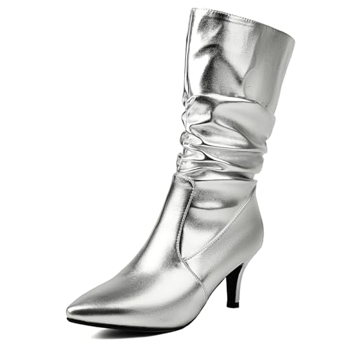 Roimaash Elegant Dressy Slouch Stiefel Kitten Heel Pull on Mid Stiefel Wide Calf Pointed Toe Fall Stiefel Party Heels Pleated Niedrige Stiefel Leder Silver Plus Size 47 von Roimaash