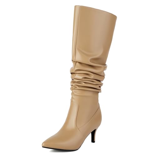 Roimaash Elegant Dressy Slouch Stiefel Kitten Heel Pull on Thigh High and Knee Hohe Stiefel Wide Calf Pointed Toe Fall Stiefel Pleated Leder Apricot Plus Size 34 von Roimaash