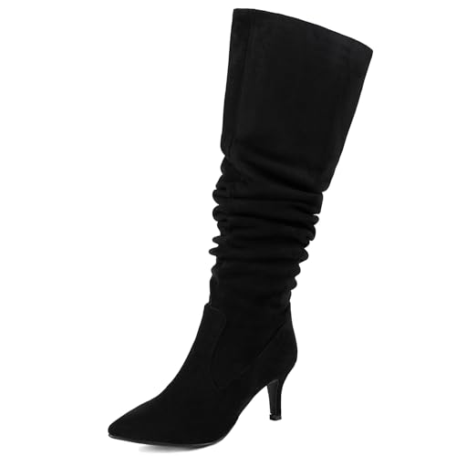 Roimaash Elegant Dressy Slouch Stiefel Kitten Heel Pull on Thigh High and Knee Hohe Stiefel Wide Calf Pointed Toe Fall Stiefel Pleated Leder Black Plus Size 43 von Roimaash