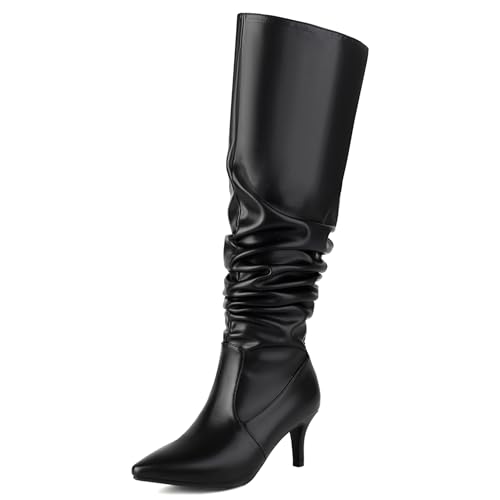 Roimaash Elegant Dressy Slouch Stiefel Kitten Heel Pull on Thigh High and Knee Hohe Stiefel Wide Calf Pointed Toe Fall Stiefel Pleated Leder Black Plus Size 44 von Roimaash