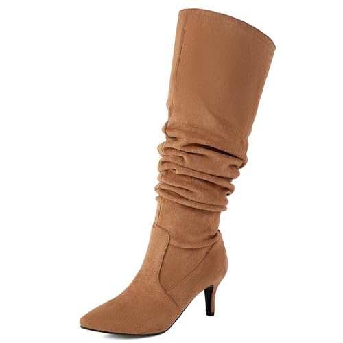 Roimaash Elegant Dressy Slouch Stiefel Kitten Heel Pull on Thigh High and Knee Hohe Stiefel Wide Calf Pointed Toe Fall Stiefel Pleated Leder Brown Plus Size 43 von Roimaash