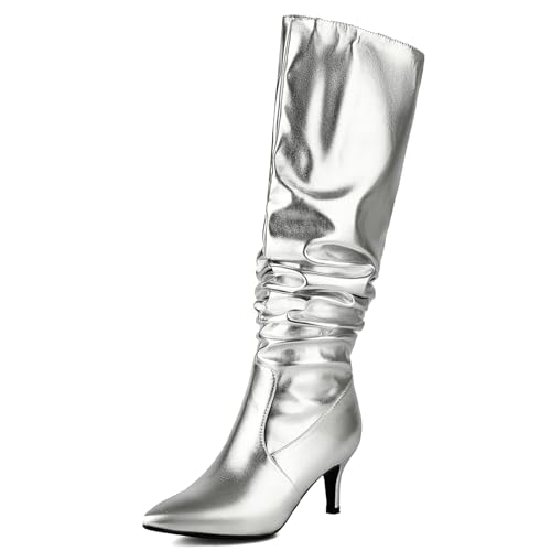 Roimaash Elegant Dressy Slouch Stiefel Kitten Heel Pull on Thigh High and Knee Hohe Stiefel Wide Calf Pointed Toe Fall Stiefel Pleated Leder Silver Plus Size 39 von Roimaash