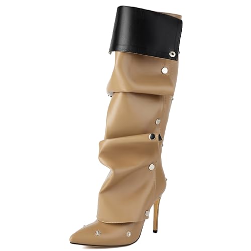 Roimaash Fancy Dressy Motorcycle Stiefel Stiletto Zipper Knee Hohe Stiefel Snap Botton Covered Pointed Toe Metallic Party Stiefel Fold Over Apricot Plus Size 42 von Roimaash