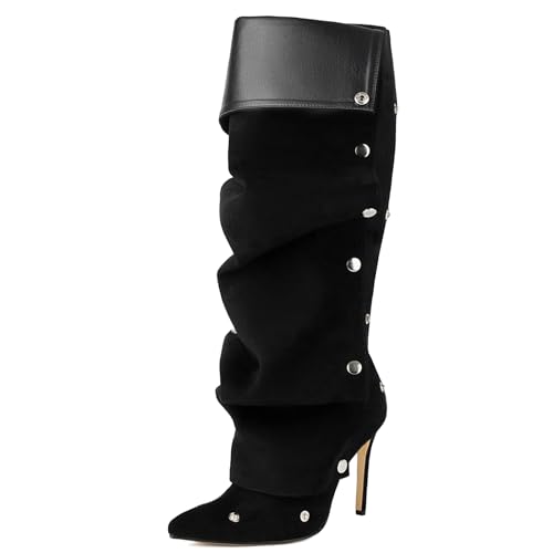 Roimaash Fancy Dressy Motorcycle Stiefel Stiletto Zipper Knee Hohe Stiefel Snap Botton Covered Pointed Toe Metallic Party Stiefel Fold Over Black Plus Size 37 von Roimaash