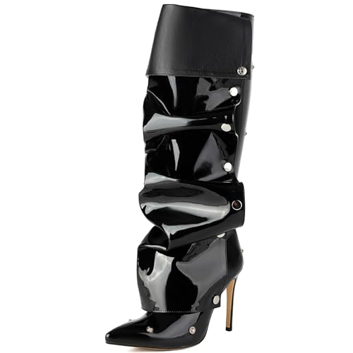 Roimaash Fancy Dressy Motorcycle Stiefel Stiletto Zipper Knee Hohe Stiefel Snap Botton Covered Pointed Toe Metallic Party Stiefel Fold Over Black Plus Size 38 von Roimaash