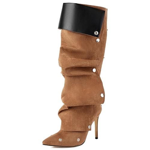 Roimaash Fancy Dressy Motorcycle Stiefel Stiletto Zipper Knee Hohe Stiefel Snap Botton Covered Pointed Toe Metallic Party Stiefel Fold Over Brown Plus Size 37 von Roimaash