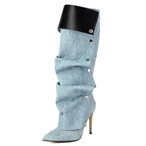 Roimaash Fancy Dressy Motorcycle Stiefel Stiletto Zipper Knee Hohe Stiefel Snap Botton Covered Pointed Toe Metallic Party Stiefel Fold Over Light-Blue Plus Size 38 von Roimaash