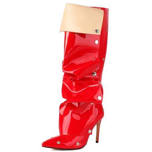 Roimaash Fancy Dressy Motorcycle Stiefel Stiletto Zipper Knee Hohe Stiefel Snap Botton Covered Pointed Toe Metallic Party Stiefel Fold Over Red Plus Size 44 von Roimaash