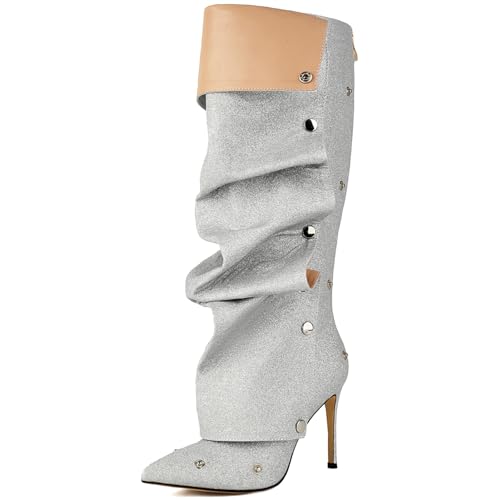 Roimaash Fancy Dressy Motorcycle Stiefel Stiletto Zipper Knee Hohe Stiefel Snap Botton Covered Pointed Toe Metallic Party Stiefel Fold Over Silver Plus Size 41 von Roimaash