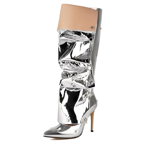 Roimaash Fancy Dressy Motorcycle Stiefel Stiletto Zipper Knee Hohe Stiefel Snap Botton Covered Pointed Toe Metallic Party Stiefel Fold Over Silver Plus Size 43 von Roimaash