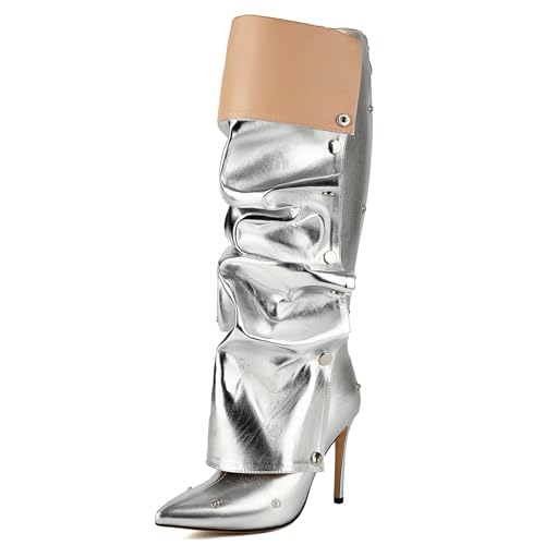 Roimaash Fancy Dressy Motorcycle Stiefel Stiletto Zipper Knee Hohe Stiefel Snap Botton Covered Pointed Toe Metallic Party Stiefel Fold Over Silver Plus Size 46 von Roimaash