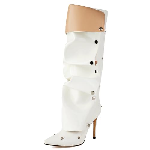 Roimaash Fancy Dressy Motorcycle Stiefel Stiletto Zipper Knee Hohe Stiefel Snap Botton Covered Pointed Toe Metallic Party Stiefel Fold Over White Plus Size 37 von Roimaash