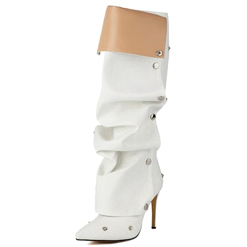 Roimaash Fancy Dressy Motorcycle Stiefel Stiletto Zipper Knee Hohe Stiefel Snap Botton Covered Pointed Toe Metallic Party Stiefel Fold Over White Plus Size 39 von Roimaash