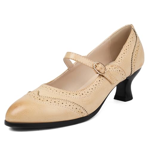 Roimaash Klassischer Damen Brogue Schuhe Ohne Verschluss Flach Mary Janes Pumps T Riemen Schule Uniform Schuhe for Students Runde Zehen Cosplay Pumps Beige Size 45 von Roimaash