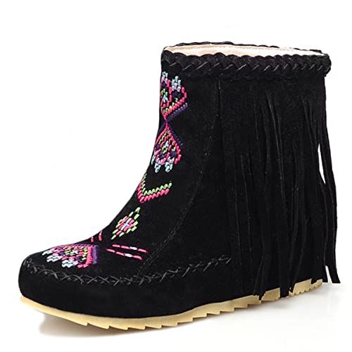 Roimaash Klassischer Franse Mokassin Stiefel Ankle High Damen Low Heel Stiefeletten Schnüren Winterstiefel Short Quasten Stiefel Flach Embroidery Stiefel Wildleder Black 40 von Roimaash