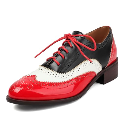 Roimaash Leisure Oxford Schuhe Damen Two Tone Wingtip Brogue Schuhe Low Heel Schnüren British High Top Schule Costume Schuhe Lack Red Plus Size 45 von Roimaash