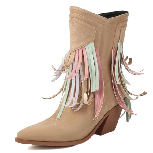 Roimaash Mode Apricot Cowgirl Stiefel Ankle High Franse Cowboy Stiefel Embroidery Pull on Mid Heel Quasten Western Stiefeletten Wide Calf Wildleder Apricot Plus Size 37 von Roimaash