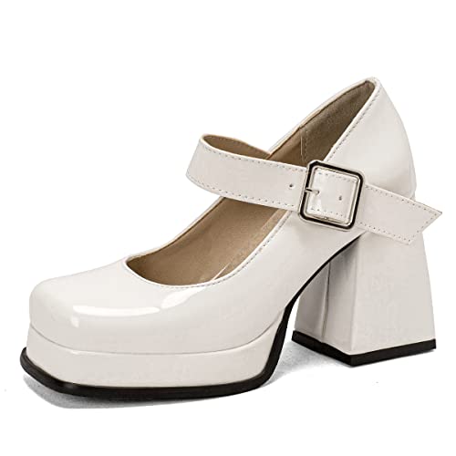 Roimaash Mode Damen Plateau Pumps Chunky Heels Sqaure Toe Mary Janes Schuhe Lolita Costume Schuhe Party Heels Plus Size Lack White Size 40 von Roimaash