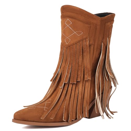 Roimaash Mode Dark-Brown Cowgirl Stiefel Ankle High Franse Cowboy Stiefel Embroidery Pull on Mid Heel Quasten Western Stiefeletten Wide Calf Wildleder Dark-Brown Plus Size 37 von Roimaash