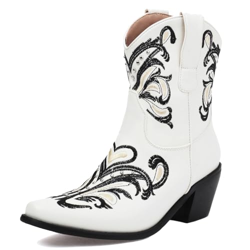 Roimaash Mode Embroidery Cowgirl Stiefel Ankle High Cowboy Stiefel Pull on Mid Heel Western Stiefeletten Wide Calf Country Stiefel Elegant Beige Plus Size 35 von Roimaash