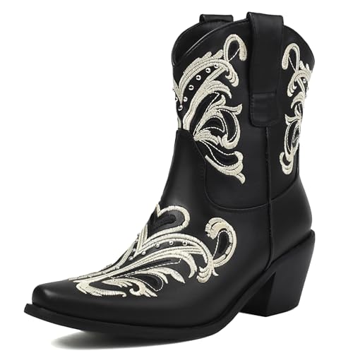 Roimaash Mode Embroidery Cowgirl Stiefel Ankle High Cowboy Stiefel Pull on Mid Heel Western Stiefeletten Wide Calf Country Stiefel Elegant Black Plus Size 46 von Roimaash