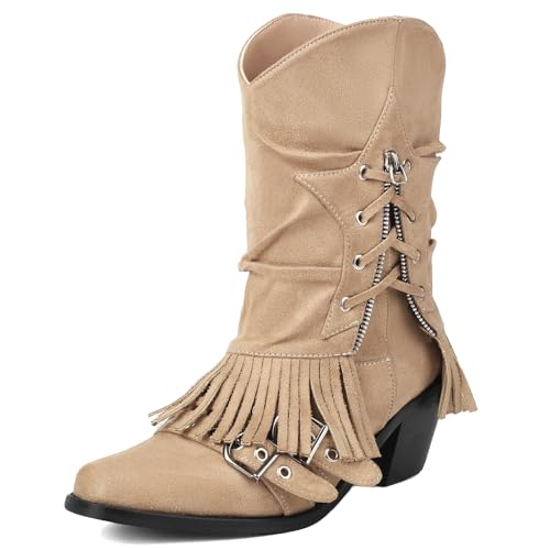 Roimaash Mode Franse Mokassin Stiefel Ankle High Quasten Cowboy Stiefel Zipper Decorate Mid Heel Schnalle Strap Slouch Stiefel Wildleder Beige Unisex Stiefel Beige Plus Size 36 von Roimaash