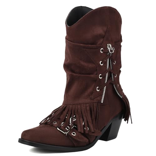 Roimaash Mode Franse Mokassin Stiefel Ankle High Quasten Cowboy Stiefel Zipper Decorate Mid Heel Schnalle Strap Slouch Stiefel Wildleder Coffee Unisex Stiefel Coffee Plus Size 40 von Roimaash